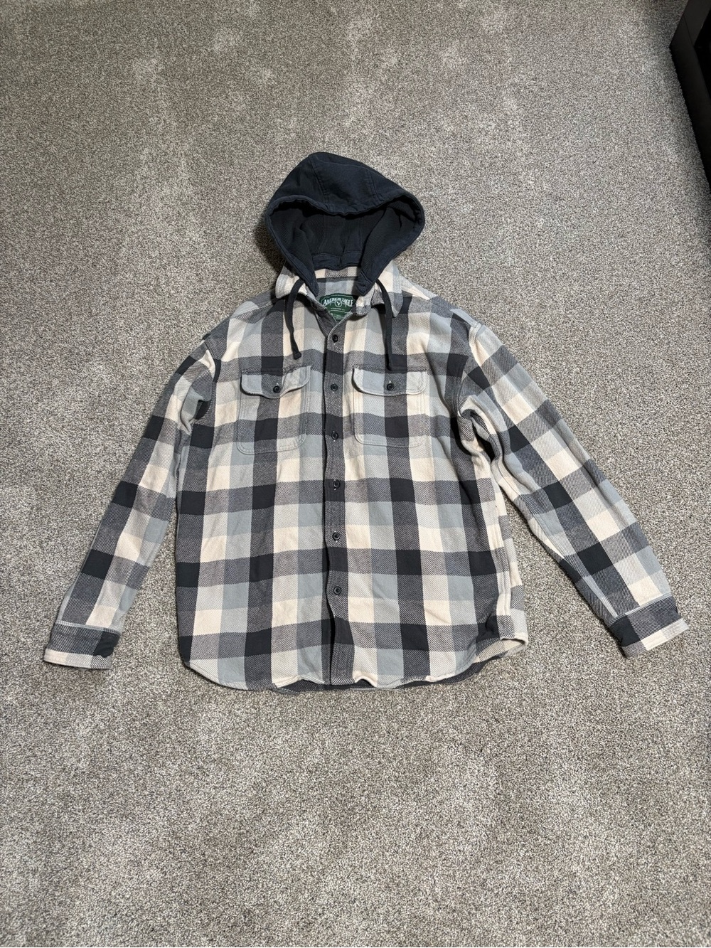 American Eagle Black, White & Gray Plaid Hooded Shirt Jacket